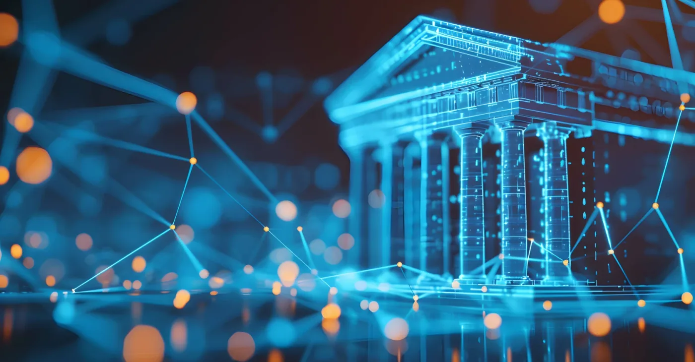 A glowing holographic government building connected by a network of nodes.