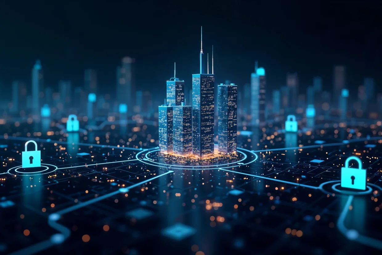 A glowing city skyline of secure towers connected by padlocked network links.
