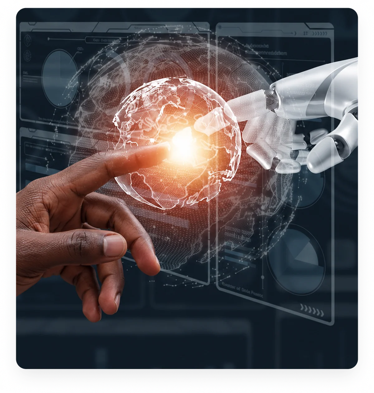 A human hand and a robotic hand reaching toward a glowing digital globe